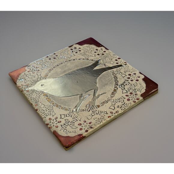 Handcrafted ceramic clay wall Tile plaque doily textured bird metallic mirror - Picture 2 of 6
